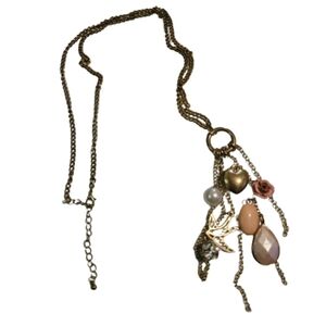 Charm necklace heart rose pearl rhinestones goldtone